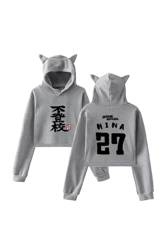 Girls Band Cry Cat Ears Hoodies Kawaii Anime Women Short Hoodie Casual Fleece Sweatshirts