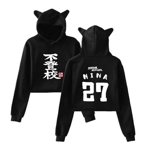 Girls Band Cry Cat Ears Hoodies Kawaii Anime Women Short Hoodie Casual Fleece Sweatshirts