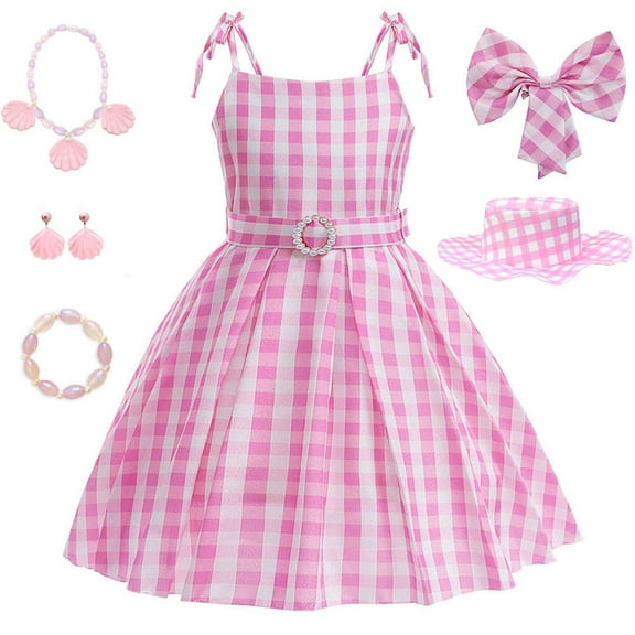 Girls Barbiiiie Movie Pink Plaid Sleeveless Dress Halloween Party Costume