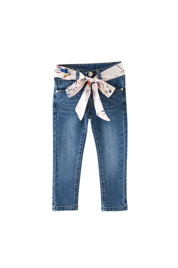 Girls Base Jeans High Waist Slim Fit Stretchy Cotton Denim Pants with Belt Pockets Cute Jean Pant (7 Years, Blue)