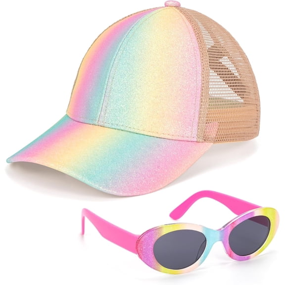 Kids Baseball Cap with Sunglasses for Girls Age 3-10 Years, UV Protection Outdoor Adjustable Rainbow Sun Hat Summer Mesh Trucker Hat Kids Polarized Sunglasses
