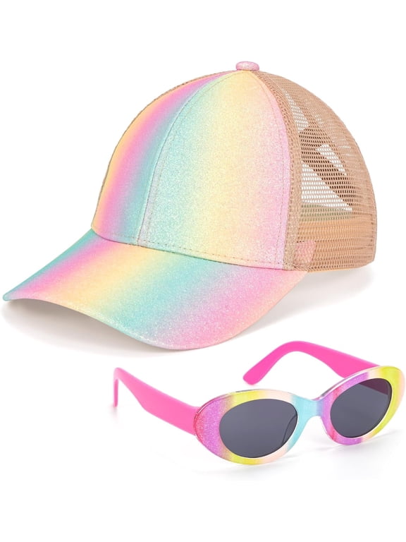 Kids Baseball Cap with Sunglasses for Girls Age 3-10 Years, UV Protection Outdoor Adjustable Rainbow Sun Hat Summer Mesh Trucker Hat Kids Polarized Sunglasses