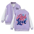 thumbnail image 1 of Girls Baseball Varsity Jacket Patchwork Long Sleeve Button Up Stripe Trim Letter Print With Pocket Bomber Outwear, 1 of 5
