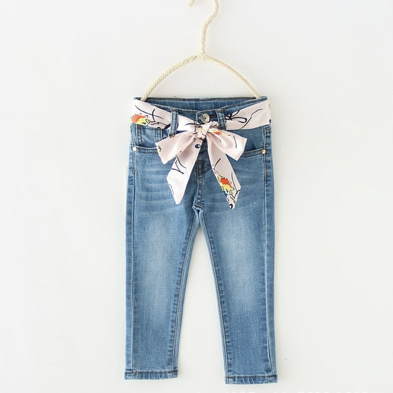 Girls Basic Jeans High Waisted Slim Fit Stretchy Cotton Denim Pants with Belt Strap Pockets Cute Jean Pant (4 Years, Light Blue)