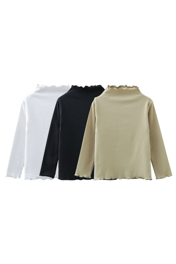 Girls Basic Long Sleeve Shirts Casual Crew Hight Neck Fall and Winter Loose Blouse Tops Beige, 5-6 Years / 110