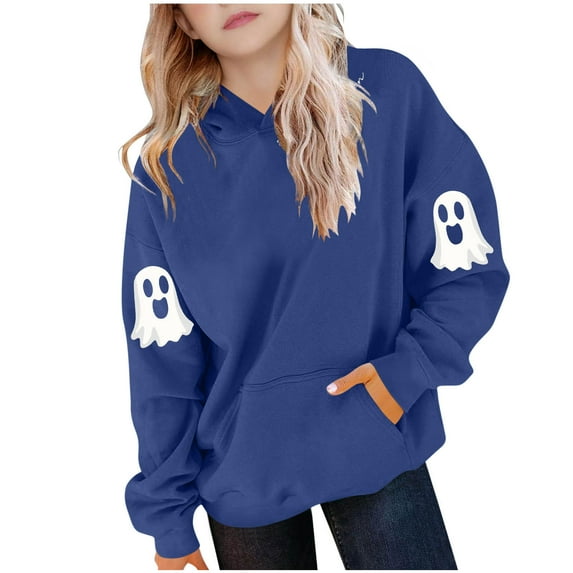 Girls' Basic Long Sleeve Tops New Girls Oversized Hoodie Halloween Casual Long Sleeve Gradient Color Hooded Pullover Tops Loose Kids Preppy Clothes Blue 160