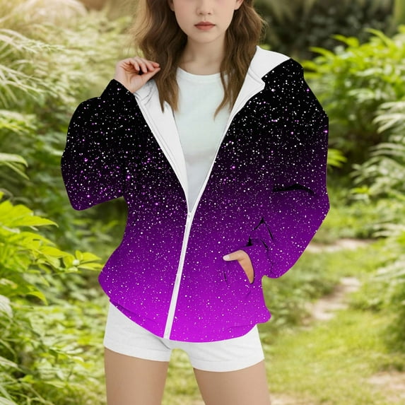 Girls' Basic Long Sleeve Tops New Zip up Hoodies for Girls Gradient Sequin Hooded Sweatshirts Long Sleeve Pullover Tops Fall Jacket Coats with Pockets Purple 14-15 Years