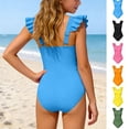 thumbnail image 1 of Girls Bathing Suit 1 Piece Swimsuits Sky Blue Girls Ruffles Adjustable Straps Tween Swimwear Summer Clothes 6-7 Years, 1 of 5