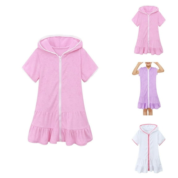 Girls Bathing Suit Cover Up Girls Sundress Girls Swim Cover Up Hooded Beach Dress Absorbent Bathrobe Zip Up Kids Swimsuit Coverup Soft Lightweight