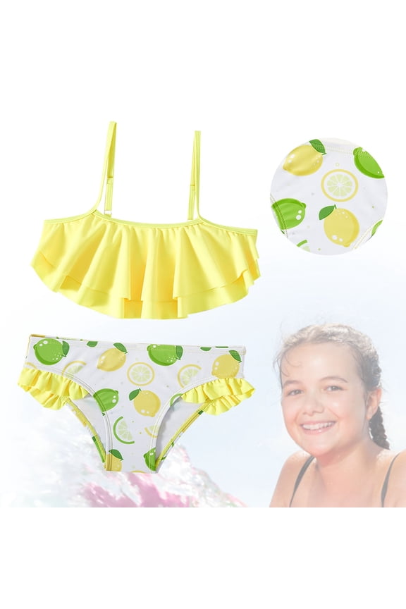 Girls Bathing Suit Daily Casual Ready Ruffle Shoulder Floral Sleeveless Snap Romper for Baby Girls Versatile Essential One Piece Outfit Yellow B