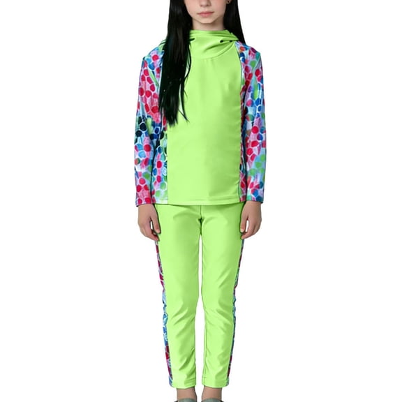 Girls Bathing Suit Fashion Floral Long Sleeve 2 Piece Swimsuit Summer Beach Swimwear with Hooded Size 4-12