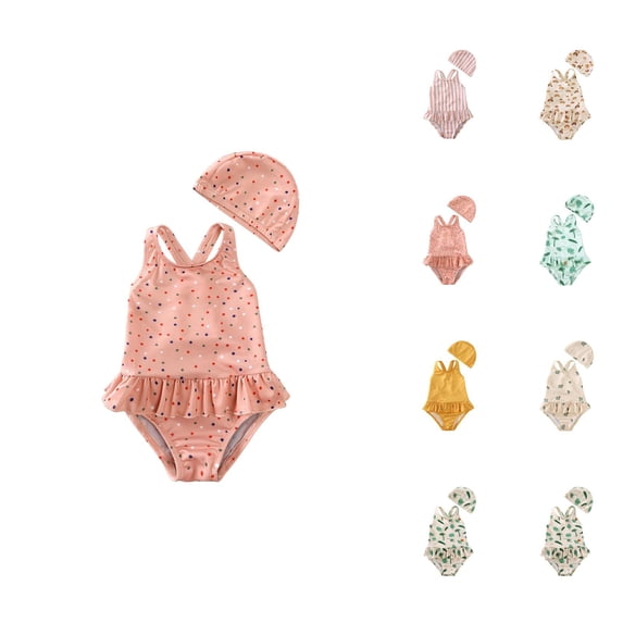 Girls Bathing Suit Girls Swimwear Floral Sleeveless 1-Piece Baby Girl Swimsuit with Hat Toddler Kids Bathing Suit Bikini Tankini Swimwear