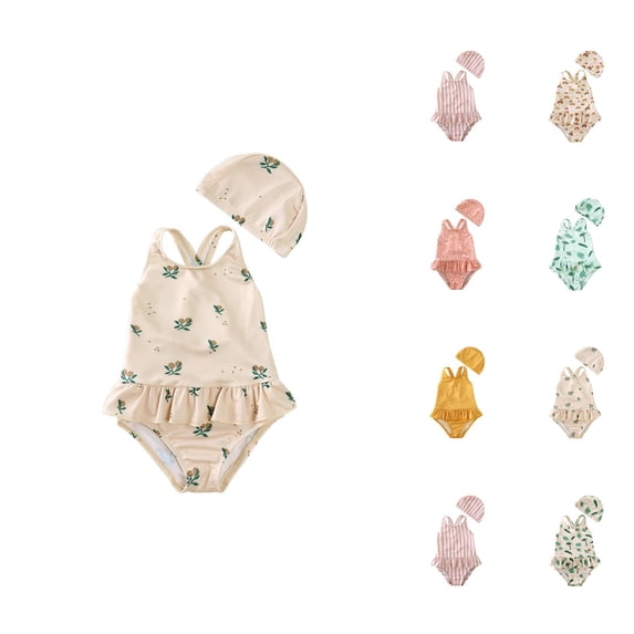 Girls Bathing Suit Girls Swimwear Floral Sleeveless 1-Piece Baby Girl Swimsuit with Hat Toddler Kids Bathing Suit Bikini Tankini Swimwear