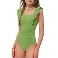 thumbnail image 1 of Girls Bathing Suit One Piece Swimsuit Green Tank, Square Neck Ruched Ruffle Strap High Cut Quick Dry Chlorine Resistant Swimwear for Kids Teens,Size 10-11 T, 1 of 7