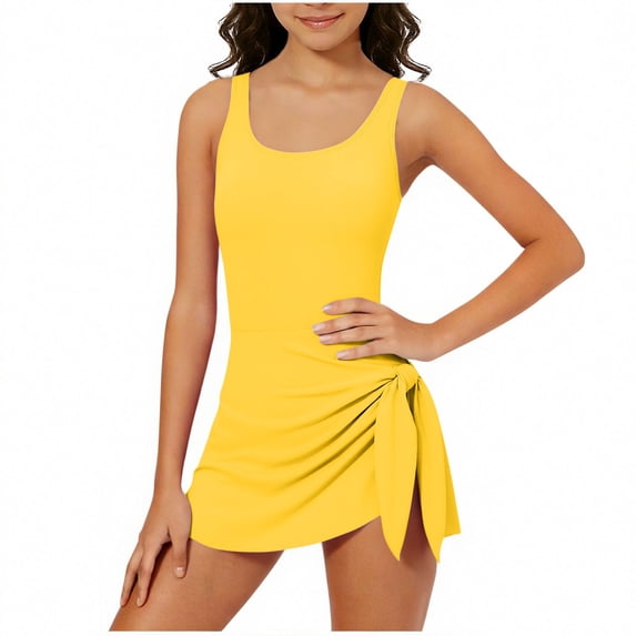 Girls Bathing Suit Solid Color One Piece Swimsuit with Built-in Bra Sleeveless U-Neck Ties Beach Vacation Swimwear for Girls