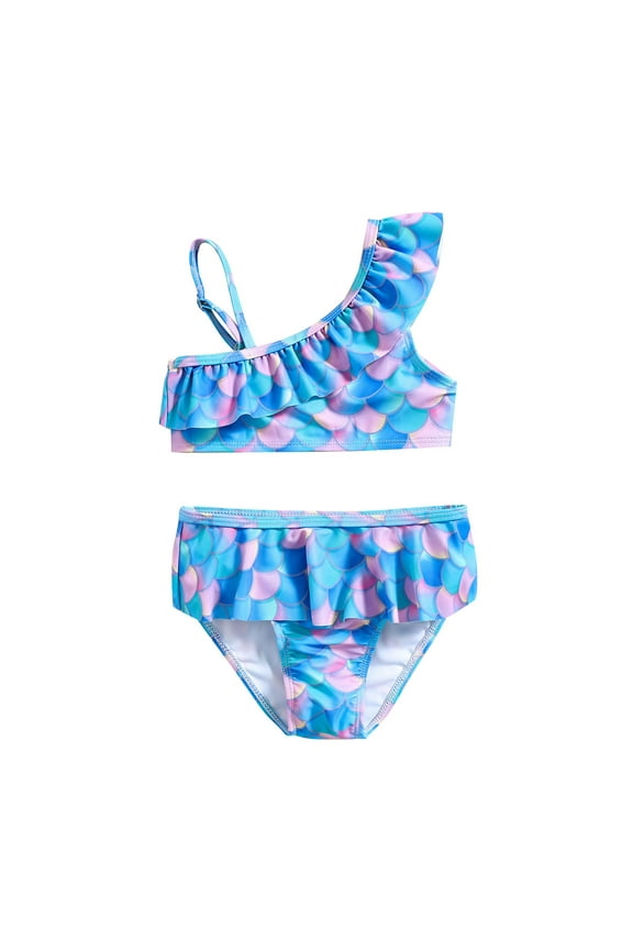 Girls Bathing Suit Summer Toddler Cartoon Printed Ruffles 2 Piece Polyester Swimsuit Bikini Girls Swimsuits Blue 5 Years-6 Years