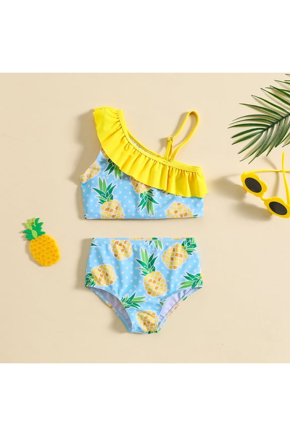 Girls Bathing Suit Tankini Two Piece Ruffle Trim Pineapple Print Swimsuit Upf 50+ Toddler Girls Kids Beach Pool Summer Bathing Outfit Yellow 120