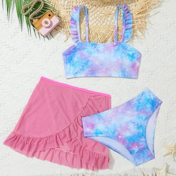 Girls Bathing Suits 3 Piece Swimsuit Summer Bikini Tankini Sets with Cover Up Skirt for 7 12 Years Kids Swimsuit 13-14