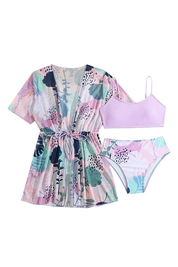 Girls Bathing Suits Size 12 Color-Block Kids High Waisted Tween Kids Cutout Bathing Suits Relaxed Fit Cute Bikini Swimwear with Cover Ups Beach Skirt Beachwear,A-Purple,11Y(11 Years)