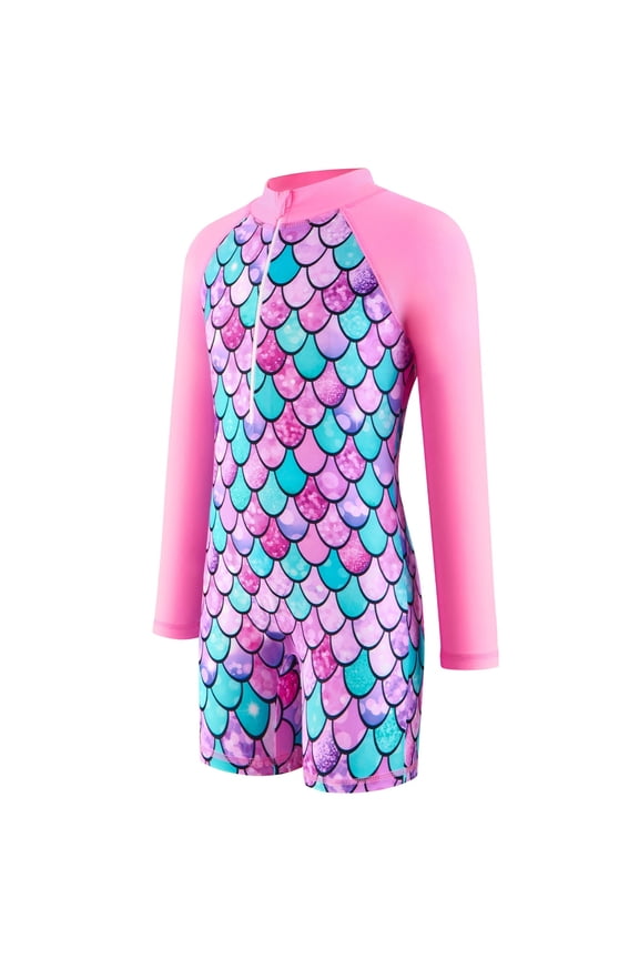 Girls Bathing Suits Size 14-16 Little & Big Girls 1 Piece Fish Scale Rash Guard Swimsuit Cartoon UPF 50+ Summer Bathing Suit 7-8 Years