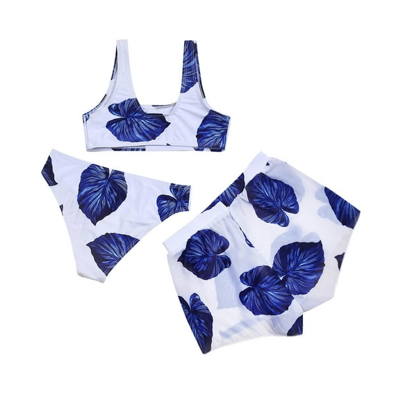 Girls Bathing Suits Size 14-16 V-Neck Floral Print 3 Piece Bathing Suits Breathable 3 Piece Bathing Suits for Summer Vacation,C-Blue,130(6-8 Years)