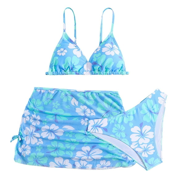 Girls Bathing Suits Size 7-8 Swimming Suits For Girls Teen Girls Swimsuits Bathing Suits 3 Piece Tropical Floral Bikini Sets Girls' Swimwear with Cover Up Skirt Blue 8-10 Years