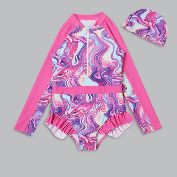 Girls Bathing Suits Toddler Long Sleeve Leaf Printing Beach Bathing Suit Swimwear Swimsuit Teen Girl Swimsuit Hot Pink 5 Years-6 Years