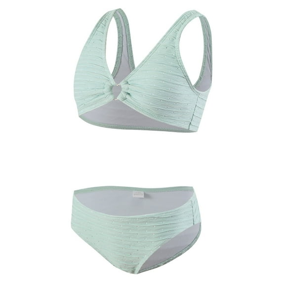 Girls Bathing Suits V Neck Ring Twist Solid Bathing Bikini Suit Adjustable Straps Girls 2 Piece SwimsuitBlue,9-10 Years