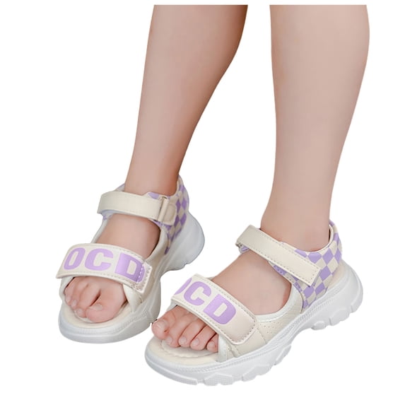 Girls Beach Sandals Thick Soft Sole Double Strappy Open Toe Outdoor Athletic Walking Shoes Casual Lightweight Fashion Color Block Flat Shoes Purple 13.5 Little Kid