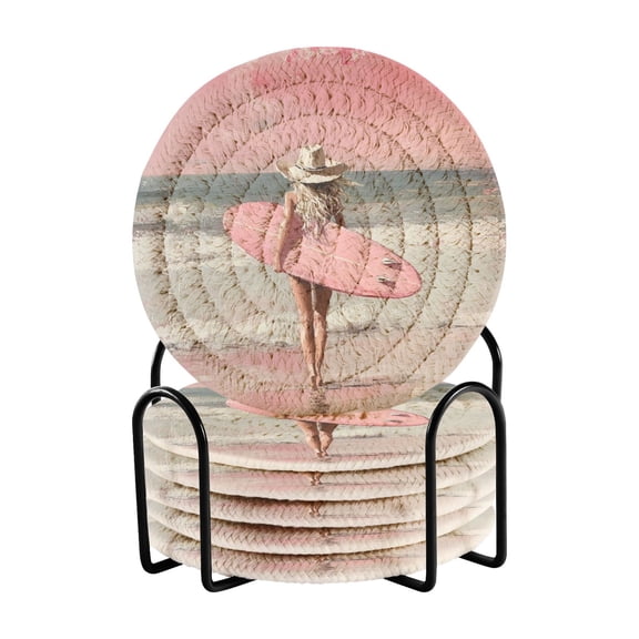 Girls Beach Surfing Drink Coasters with Holder Absorbent Coaster for Coffee Table Room Decor 6 Pack