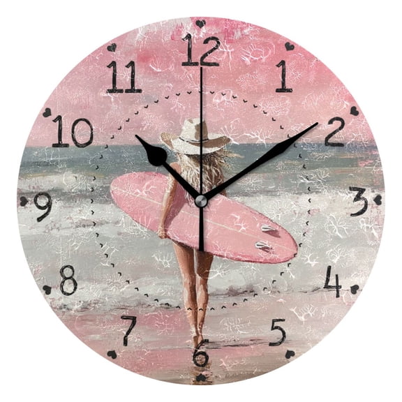 Girls Beach Surfing Round Wall Clock Silent Battery Operated Home Decor for Living Room Bedroom
