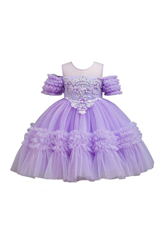 Girls Beaded Bodice Flower Girl Dress Lace Applique Tulle Ball Gown Cold Shoulder Pageant Dress Purple,Size 11-12T