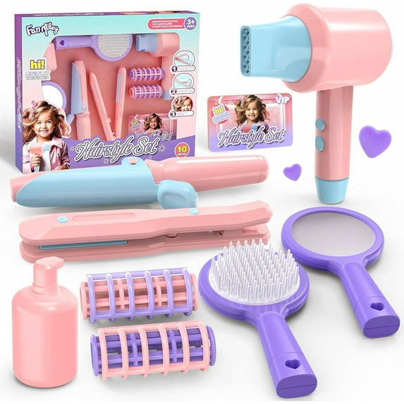YCFUN Girls Beauty Hair Salon Set for kids, Pretend Play Hair Stylist Toy Kit with Dryer Comb Mirror