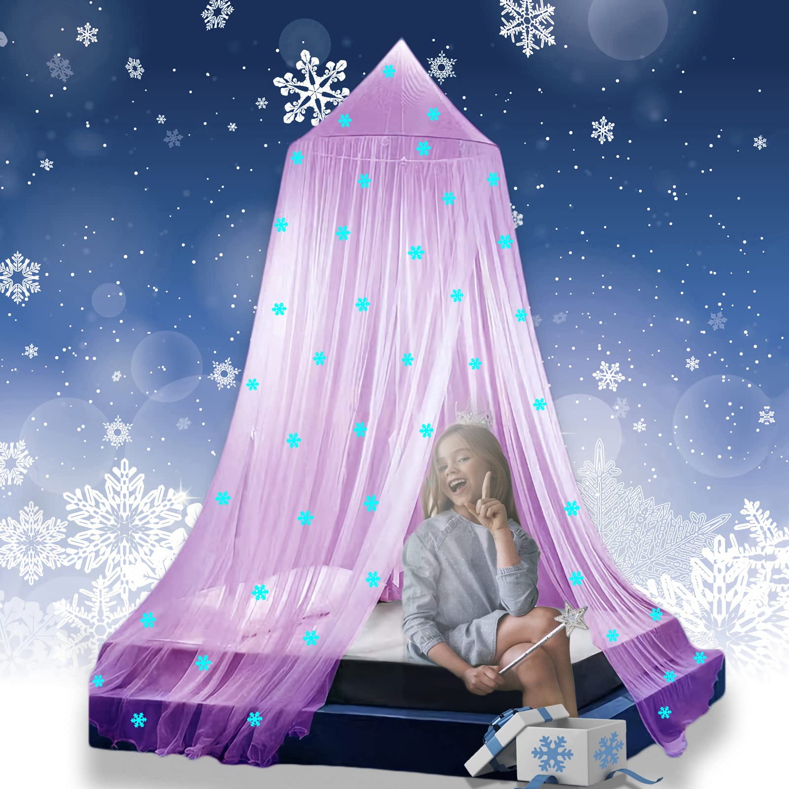 Girls Bed Canopy Mosquito Net Princess Canopy for Bedroom Decor Insect Protection Hanging Canopy Pink Glow in the Dark Stars
