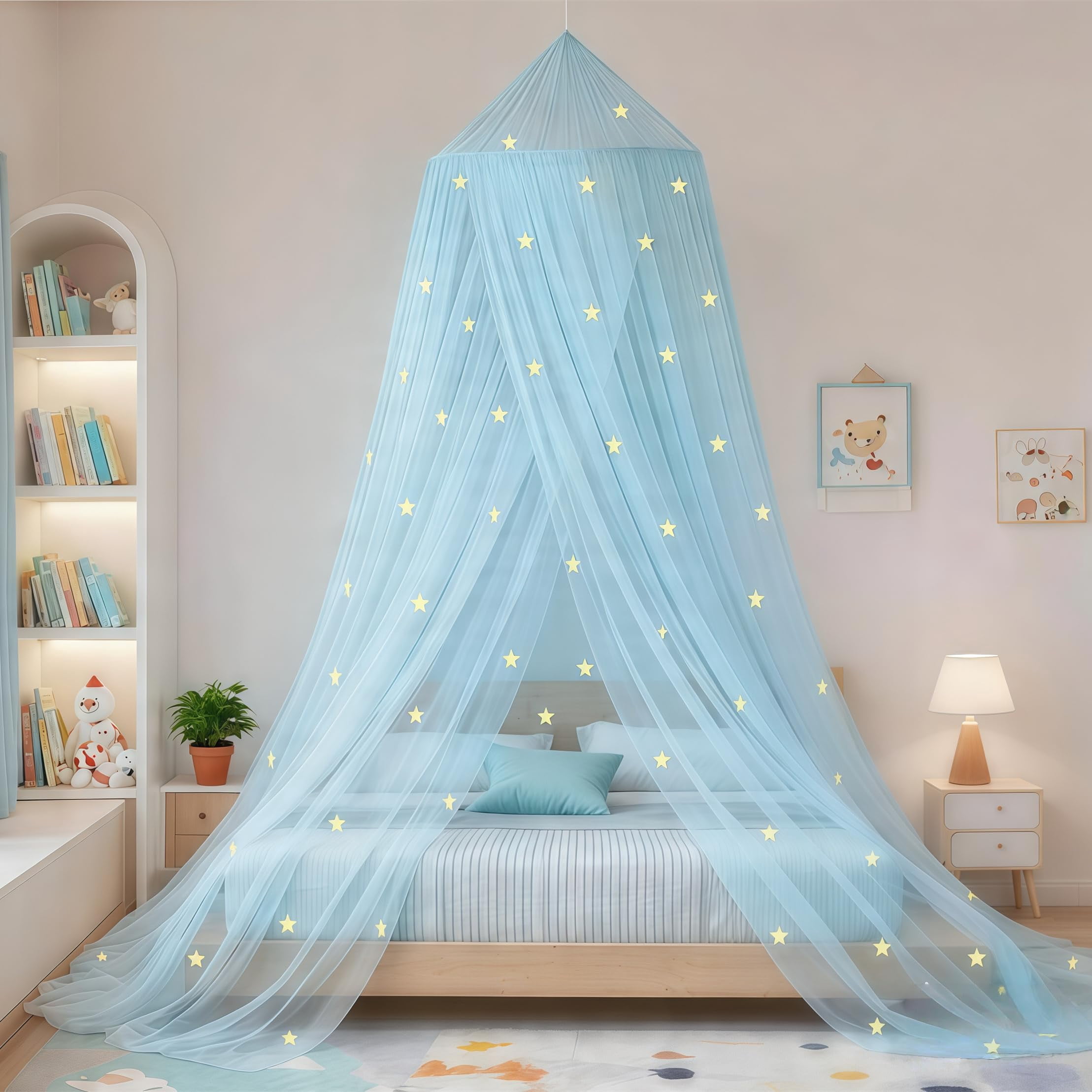 Girls Bed Canopy Mosquito Net Princess Canopy for Bedroom Decor Insect Protection Hanging Canopy Pink Glow in the Dark Stars