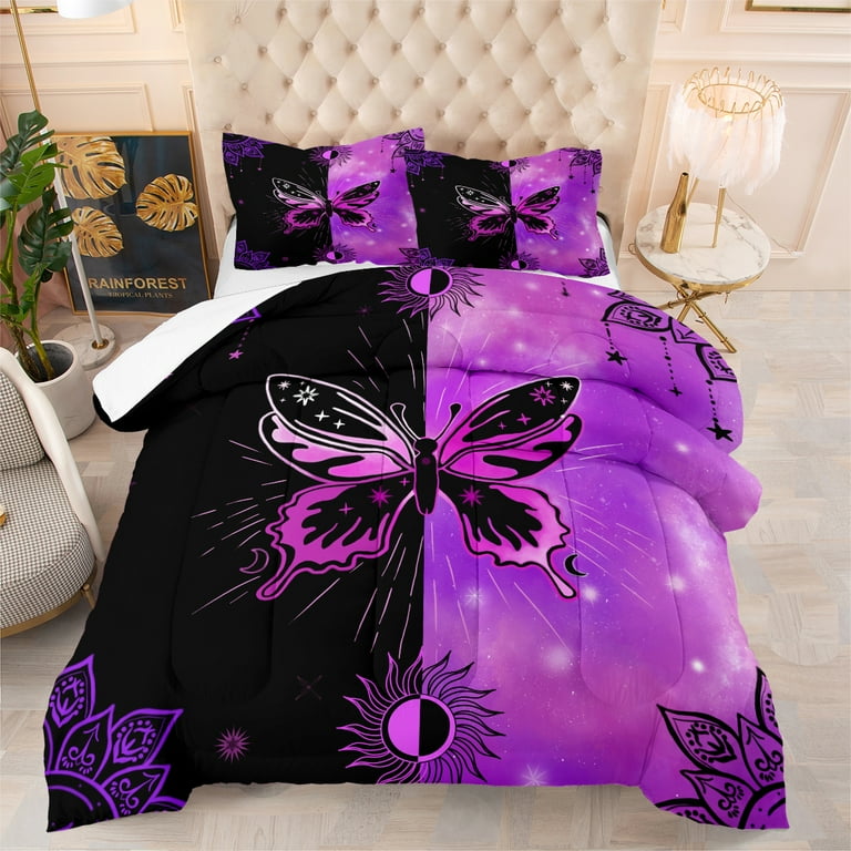 Black Purple Butterfly Comforter Set ,Twin Size Bedding Set for