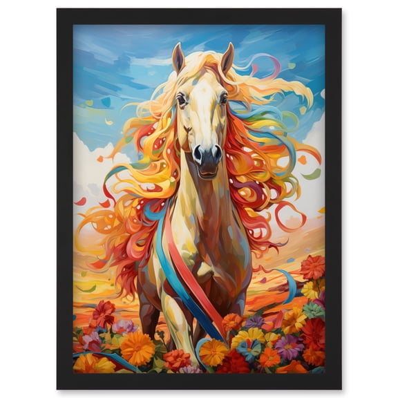 Girls Bedroom Nursery Artwork Fantasy Horse Colourful Mane Bright Bold Fun Happy Artwork Framed Wall Art Print A4