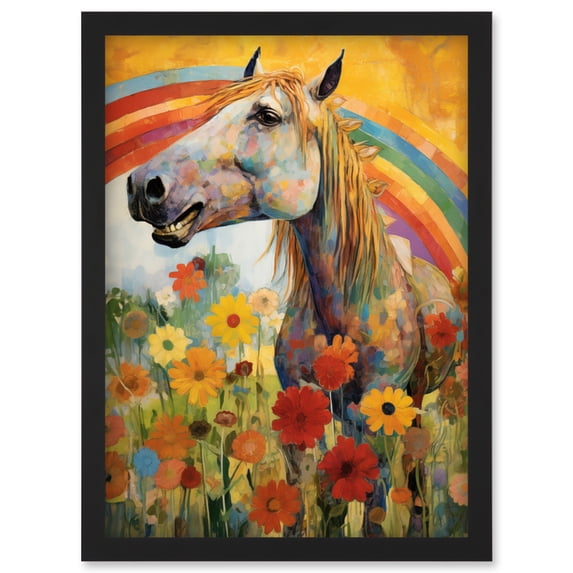 Girls Bedroom Nursery Artwork Rainbow Horse With Flowers Bright Colourful Happy Artwork Framed Wall Art Print A4