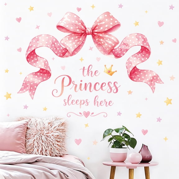 Girls Bedroom Wall Stickers, Princess Sleeps Here Self-Adhesive PVC Decals with Bow Hearts Stars for Nursery Decor.