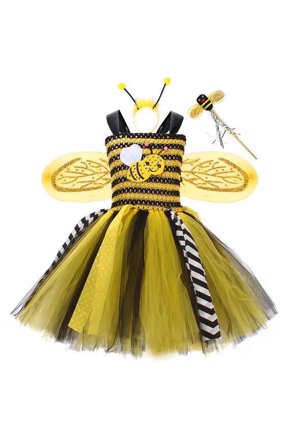 Girls Bee Tutu Dress Costume with Wings Wand Headband Striped Yellow Black Hall-oween Party Kids Kids,Size 3-4T