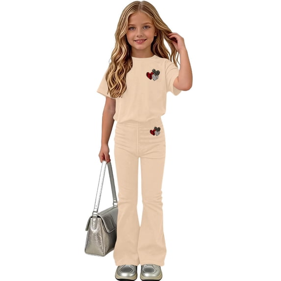 Girls Beige Flare Pants Set 2 Piece Outfit Short Sleeve Top Casual Tween Clothes Summer Matching Set Size 13-14T