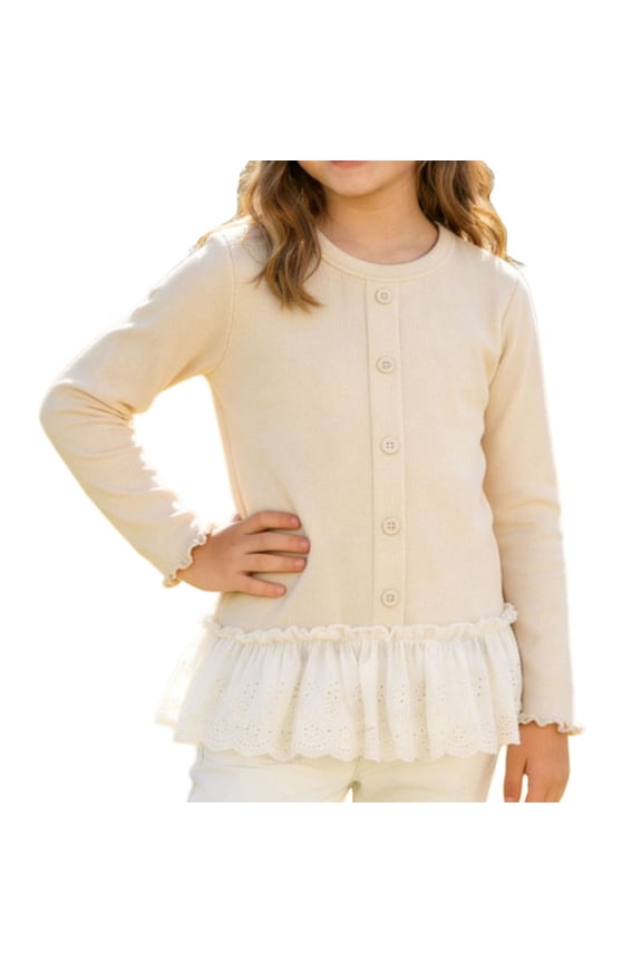 Girls' Beige Ruffle Hem Cardigan with Eyelet Lace Trim, Soft Stretchy Long Sleeve Button Down Sweater for Spring Fall Everyday, Sizes 3-14 Years,Size 9-10 T