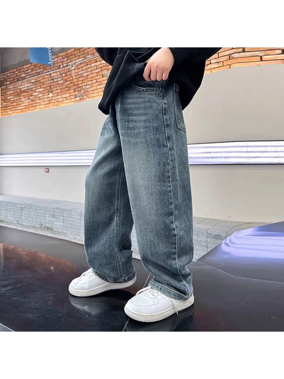 Girls Bell Bottom Jeans Cute Split Raw Hem Baggy Denim Pants Elastic Waist Flared Jeans Pants Y2K Girl Teen Fall Trouser Baggy Jeans Kids Girls Black