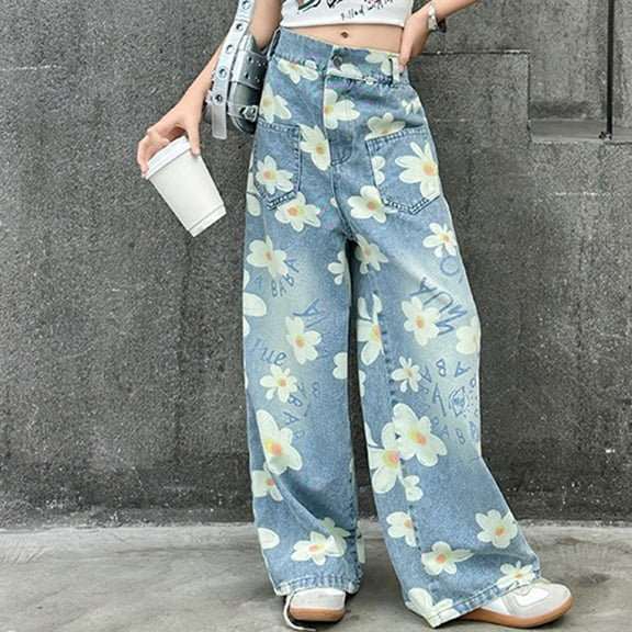 Girls Bell Bottom Jeans Cute Split Raw Hem Baggy Denim Pants Elastic Waist Flared Jeans Pants Y2K Girl Teen Fall Trouser Cute Baggy Jeans For Girls 10-12 Ripped