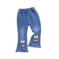thumbnail image 1 of Girls Bell Bottom Jeans with Bowknots Irregular Frayed Ripped Hem Casual Trendy Denim Pants Elastic Waisted (3-4 Years, Blue #D), 1 of 5