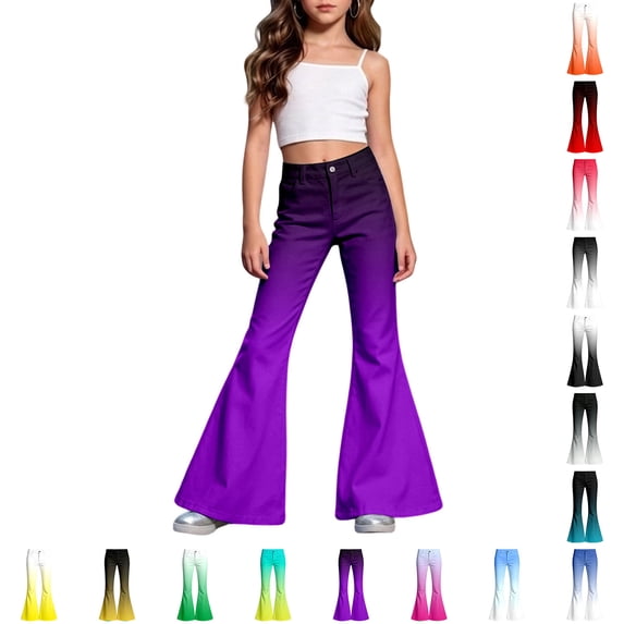 Girls Bell Bottom Pants High Waist Baggy Wide Leg Pants Back to School Clothes Gradient Pants Size 5-16 Years