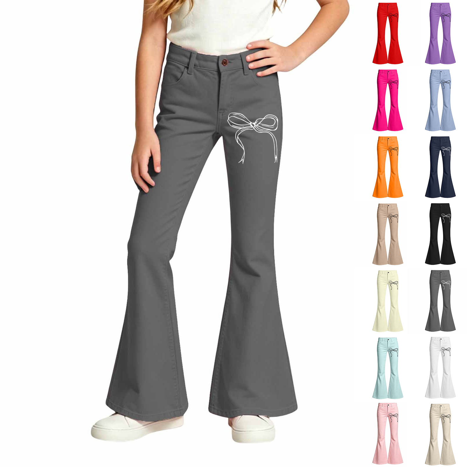 Girls Bell Bottom Pants School Uniform Pants Bow Print Pants Girls School Pants Girls Clothes Size 5-16 Years