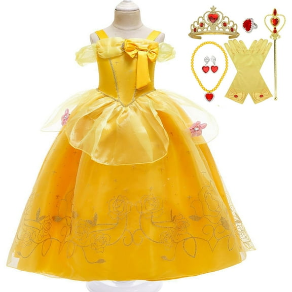 Girls Belle Costume Princess Dress Off Shoulder Dress with Accessories
