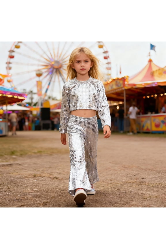 Girls Belly Dance_ Glitter Sequin Party Outfits 2Pc Crewneck Long Sleeve Crop Tops Flared Harem Pants Sparke Trouser Rave Dance Bell Bottoms Carnival Birthday Gifts 2-16Y Silver,120=6-7Y