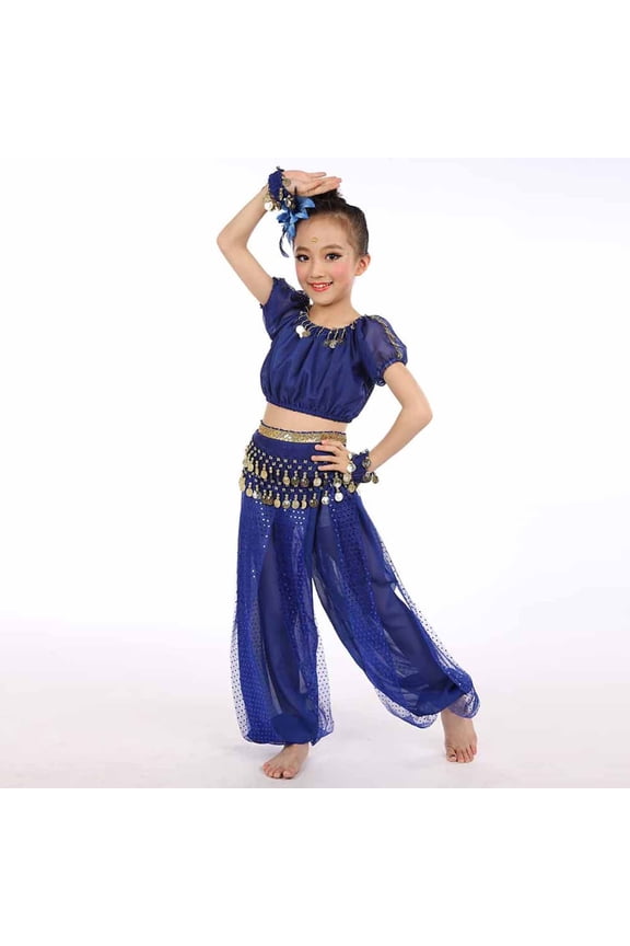 Girls Belly Dance_ Pants With Crop Top Sequin Fringe Mesh Harem Pants Set Rave Dance Tops Party Outfits For Girls Christmas Birthday Gifts For Grandkids Rave Outfits 4-11Y Blue,S=4-5Y